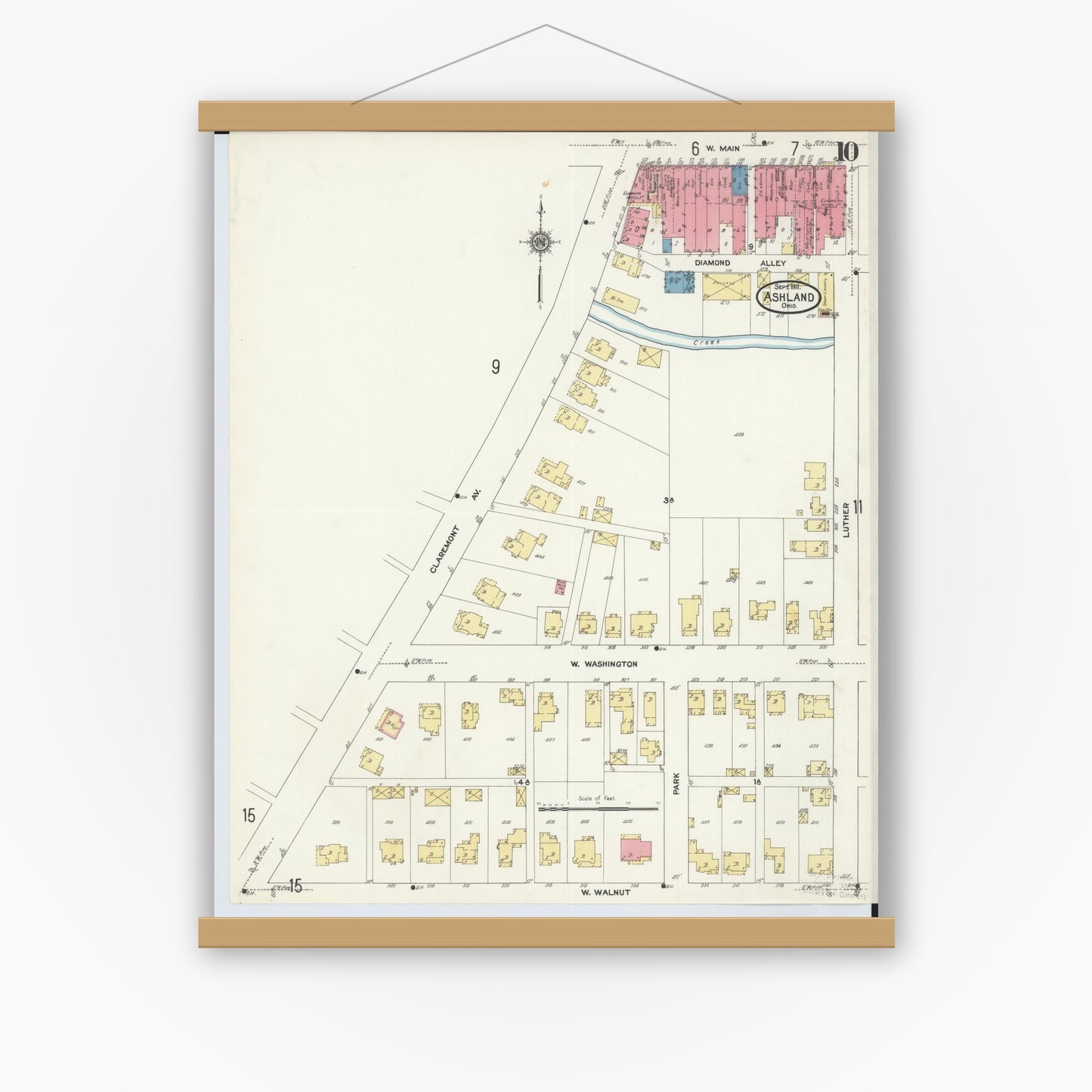 Old map wall art mockup — magnetic wood frame on white wall — Sanborn Fire Insurance Map from Ashland, Ashland County, Ohio (1911), Sheet #0010