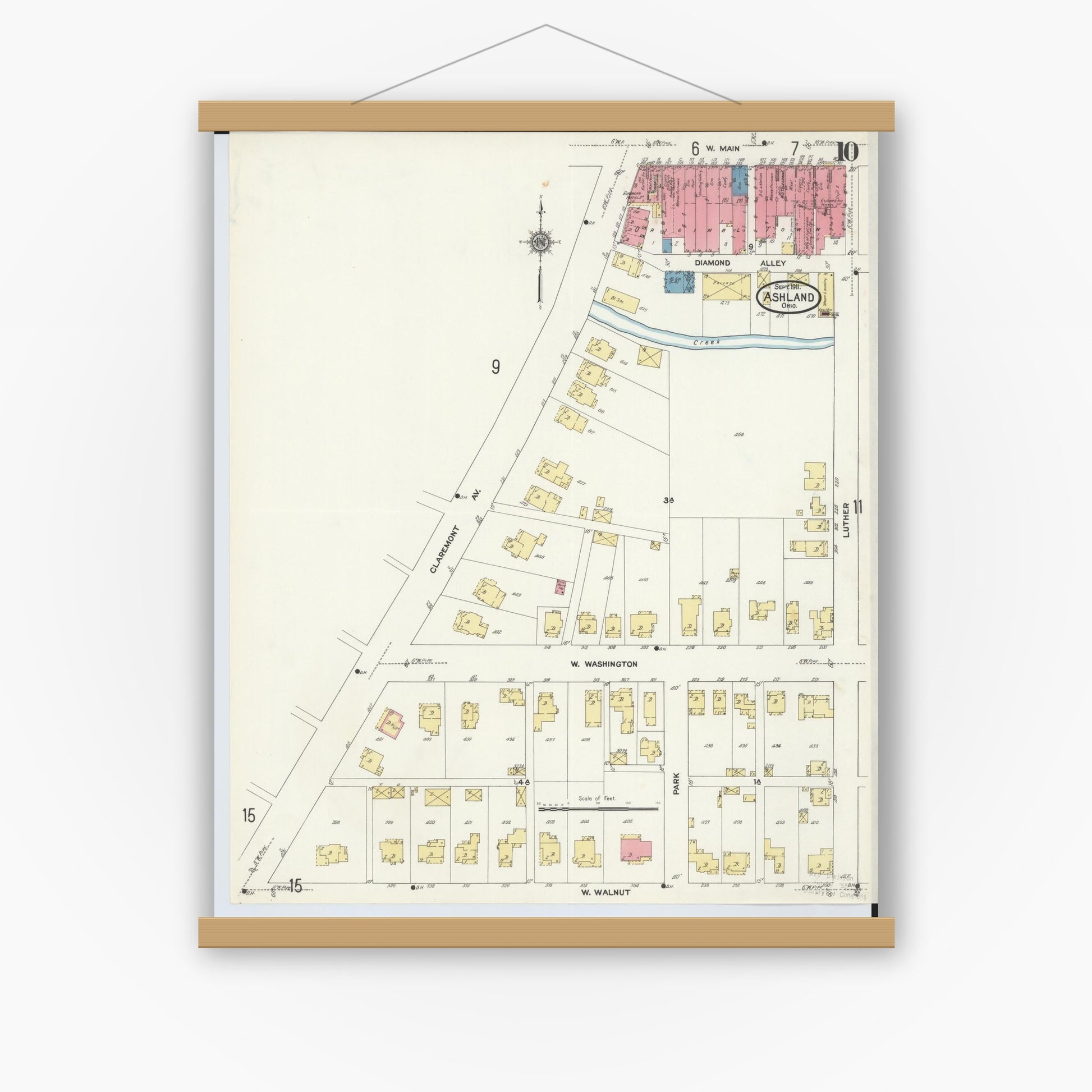 Old map wall art mockup — magnetic wood frame on white wall — Sanborn Fire Insurance Map from Ashland, Ashland County, Ohio (1911), Sheet #0010