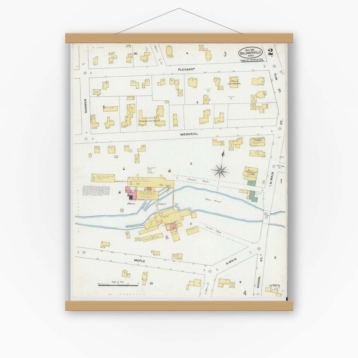 Old map wall art mockup — magnetic wood frame on white wall — Sanborn Fire Insurance Map from Baldwinville, Worcester County, Massachusetts (1905), Sheet #0002