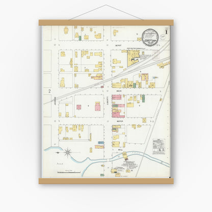 Old map wall art mockup — magnetic wood frame on white wall — Sanborn Fire Insurance Map from Jamestown, Mercer County, Pennsylvania (1900), Sheet #0001