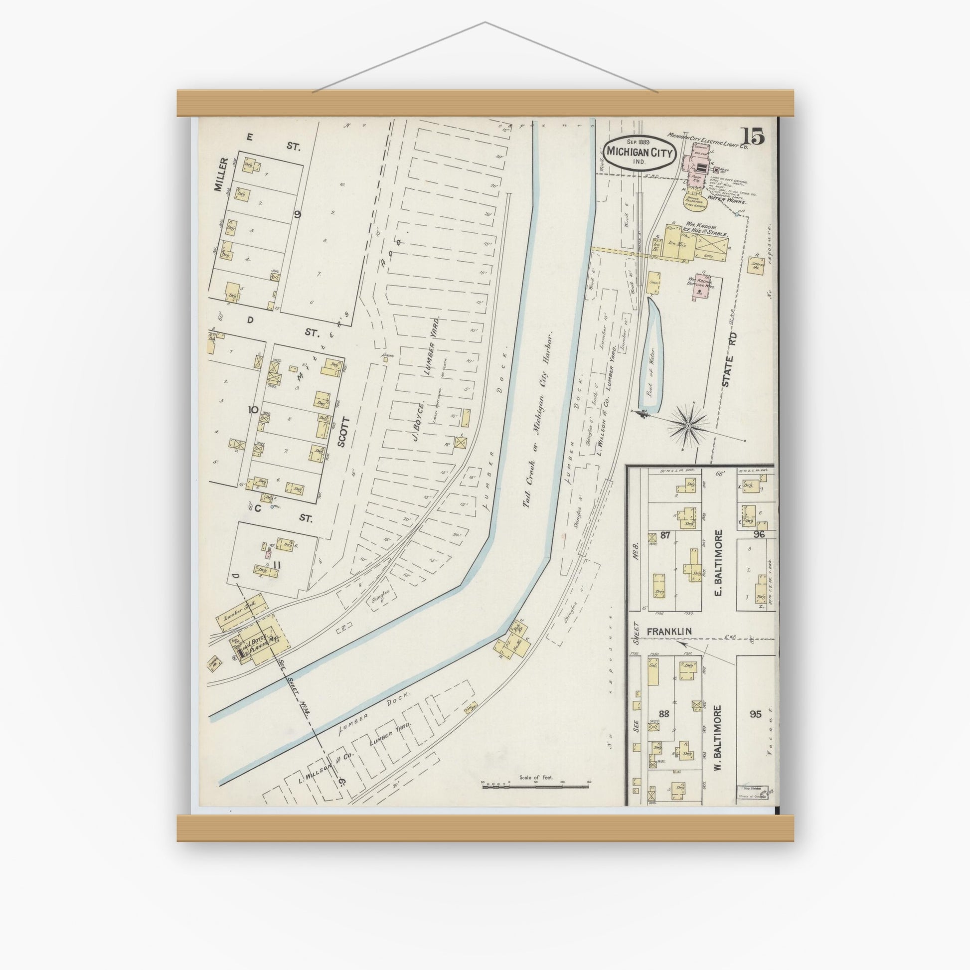 Old map wall art mockup — magnetic wood frame on white wall — Sanborn Fire Insurance Map from Michigan City, La Porte County, Indiana (1889), Sheet #0015