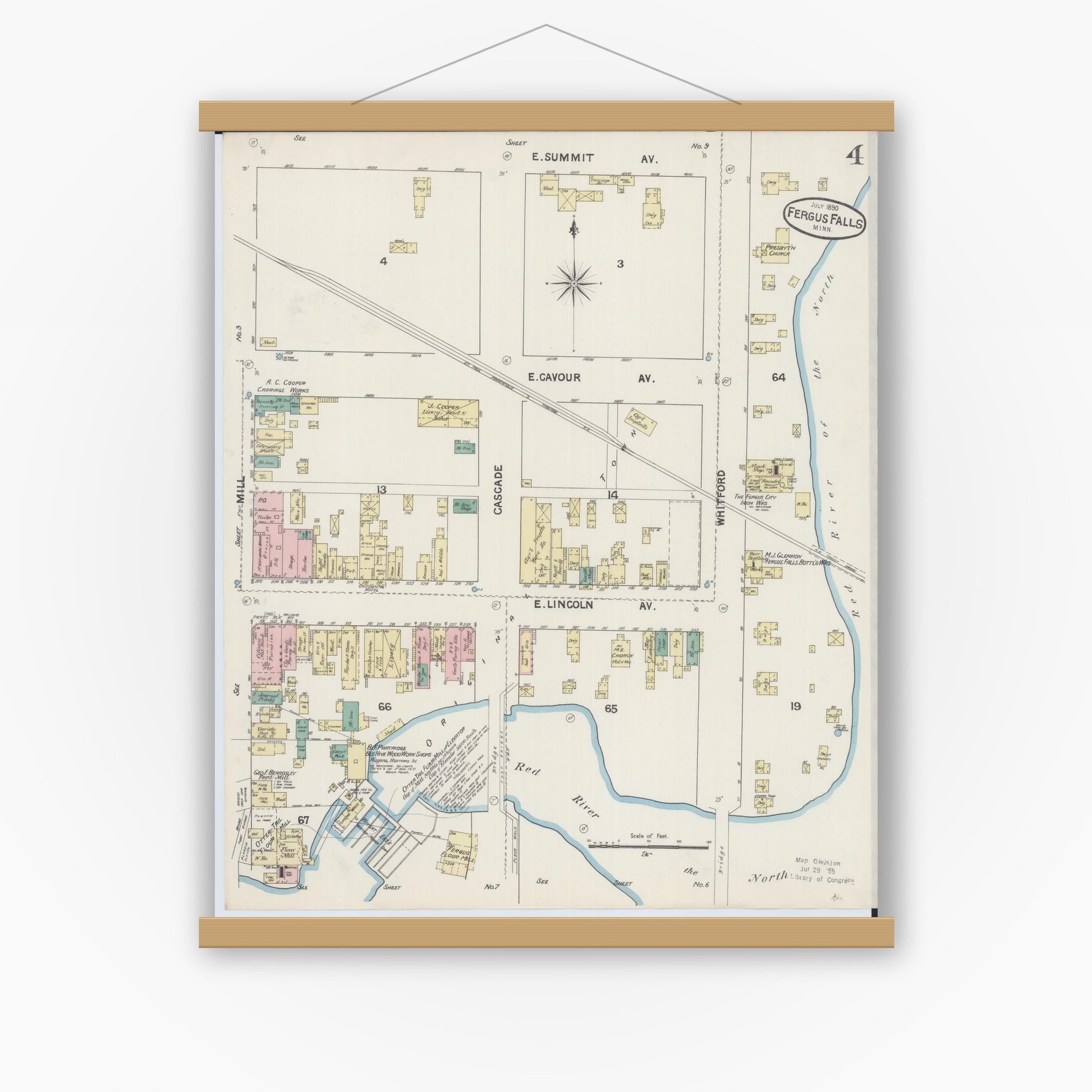 Old map wall art mockup — magnetic wood frame on white wall — Sanborn Fire Insurance Map from Fergus Falls, Otter Tail County, Minnesota (1890), Sheet #0004