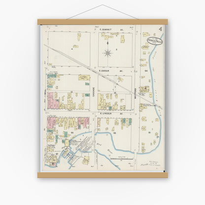 Old map wall art mockup — magnetic wood frame on white wall — Sanborn Fire Insurance Map from Fergus Falls, Otter Tail County, Minnesota (1890), Sheet #0004