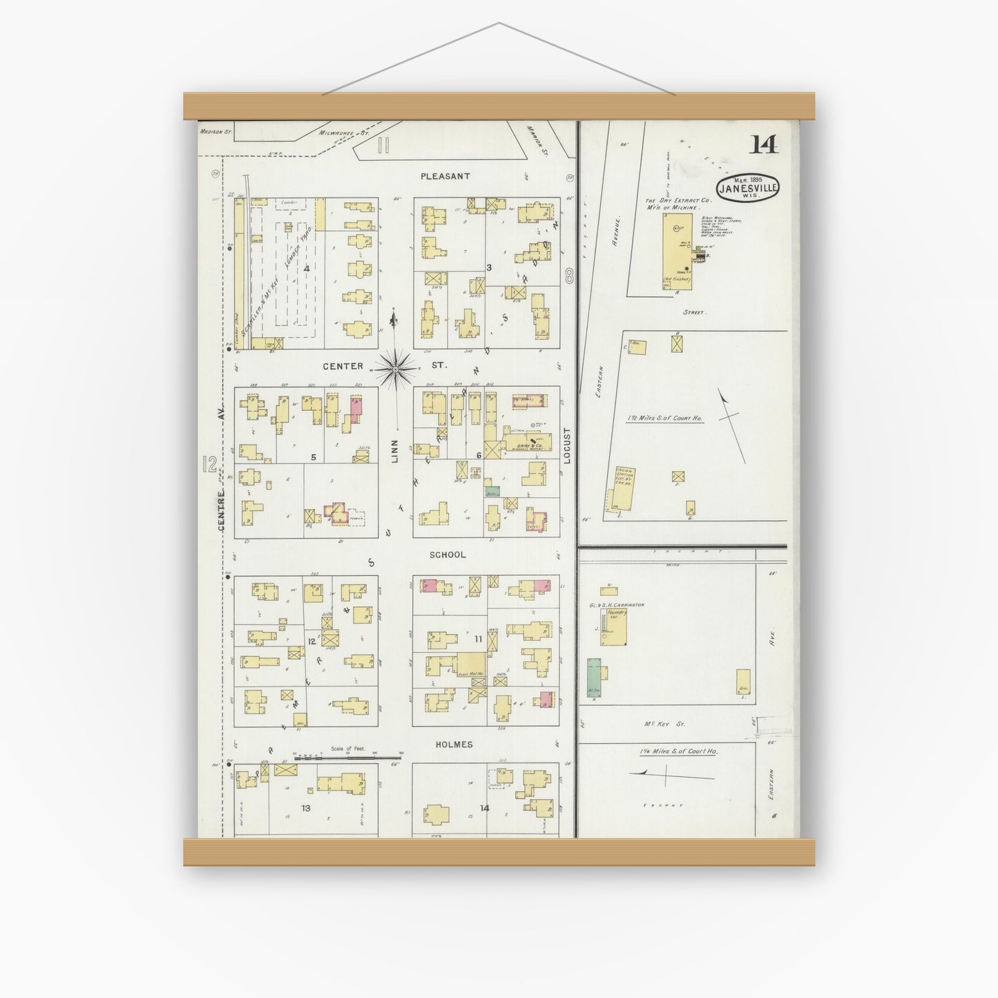 Old map wall art mockup — magnetic wood frame on white wall — Sanborn Fire Insurance Map from Janesville, Rock County, Wisconsin (1895), Sheet #0014