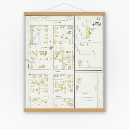 Old map wall art mockup — magnetic wood frame on white wall — Sanborn Fire Insurance Map from Janesville, Rock County, Wisconsin (1895), Sheet #0014