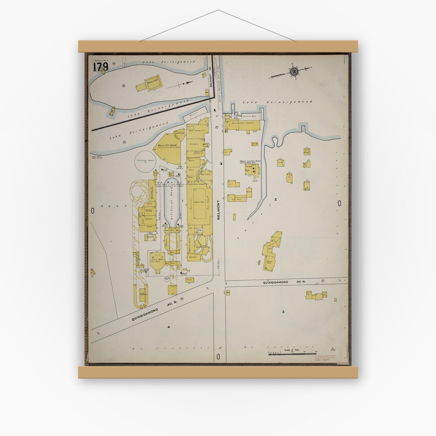 Old map wall art mockup — magnetic wood frame on white wall — Sanborn Fire Insurance Map from Worcester, Worcester County, Massachusetts (1910), Sheet #0179