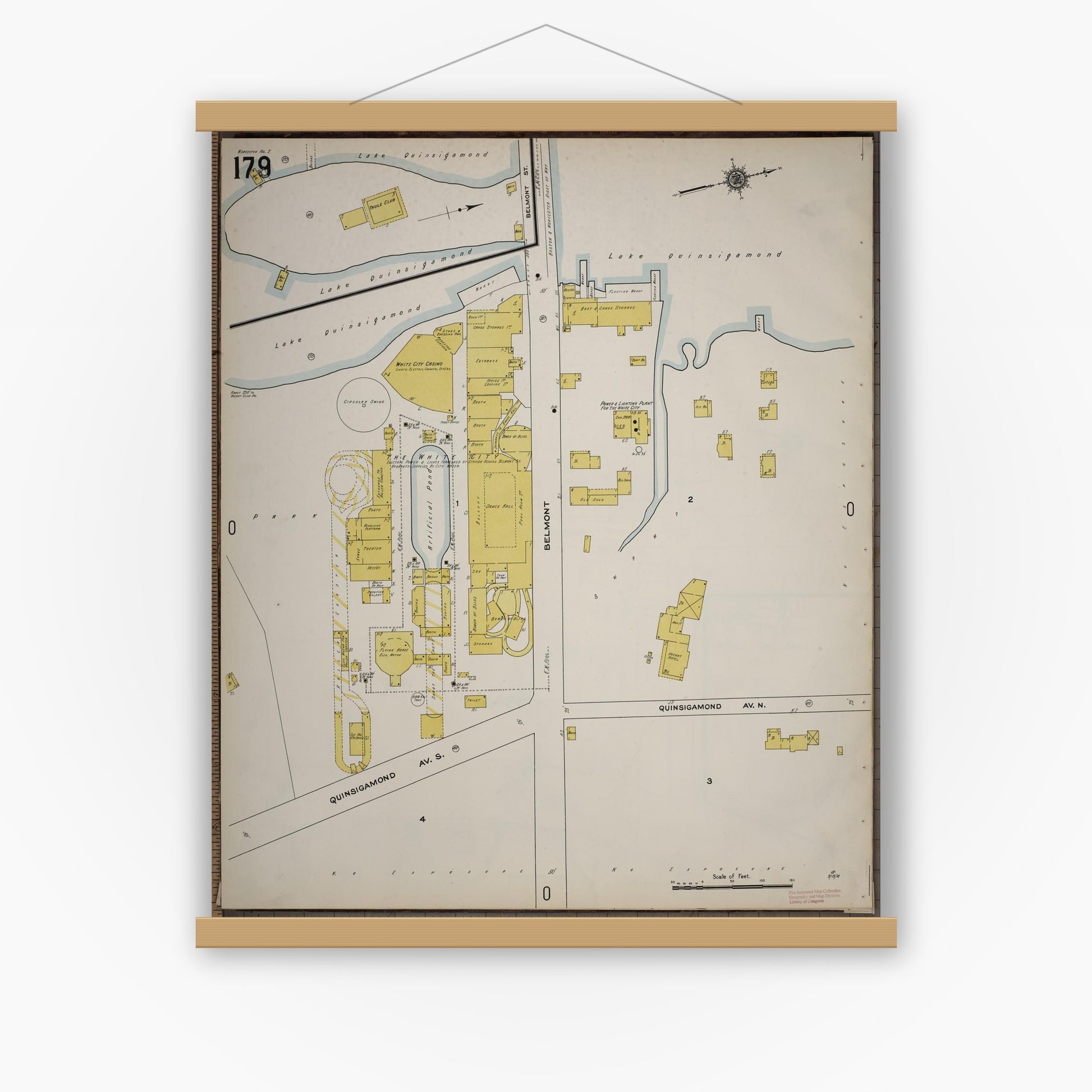 Old map wall art mockup — magnetic wood frame on white wall — Sanborn Fire Insurance Map from Worcester, Worcester County, Massachusetts (1910), Sheet #0179