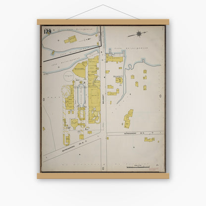 Old map wall art mockup — magnetic wood frame on white wall — Sanborn Fire Insurance Map from Worcester, Worcester County, Massachusetts (1910), Sheet #0179
