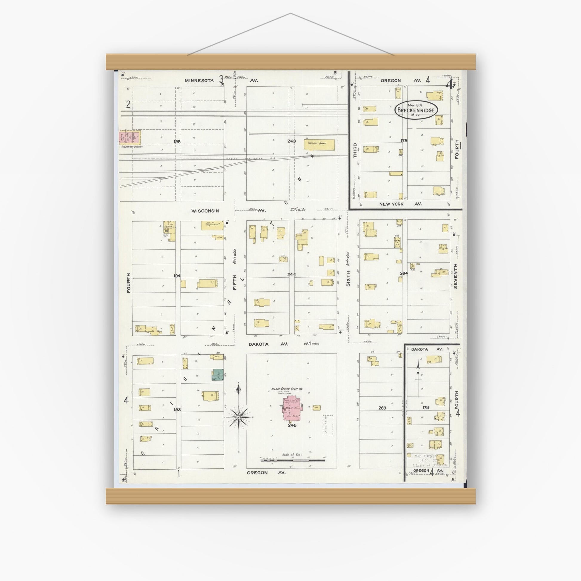 Old map wall art mockup — magnetic wood frame on white wall — Sanborn Fire Insurance Map from Breckenridge, Wilkin County, Minnesota (1909), Sheet #0004