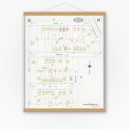 Old map wall art mockup — magnetic wood frame on white wall — Sanborn Fire Insurance Map from Highland Park, Lake County, Illinois (1924), Sheet #0017