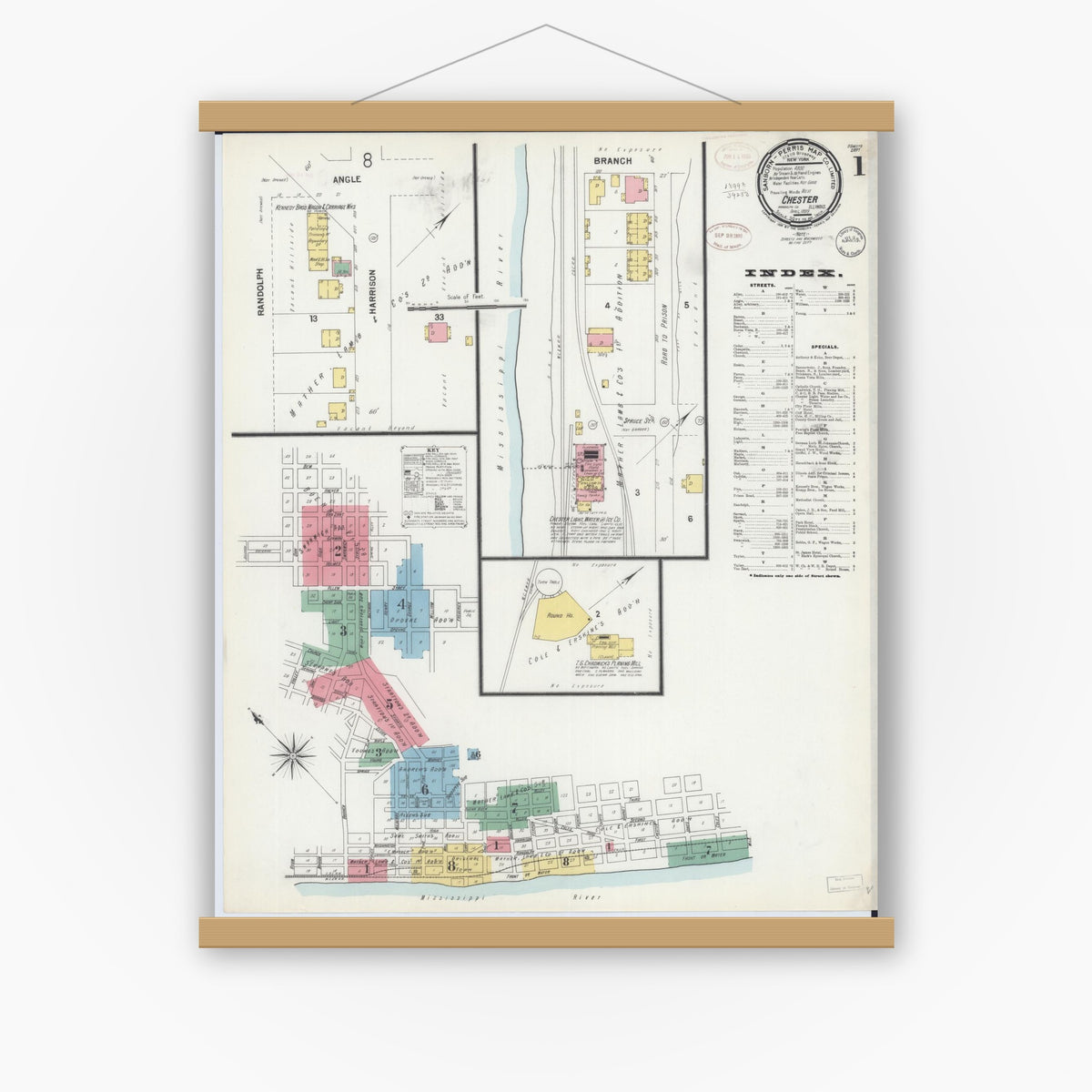 Old map wall art mockup — magnetic wood frame on white wall — Sanborn Fire Insurance Map from Chester, Randolph County, Illinois (1899) - Complete Map Set
