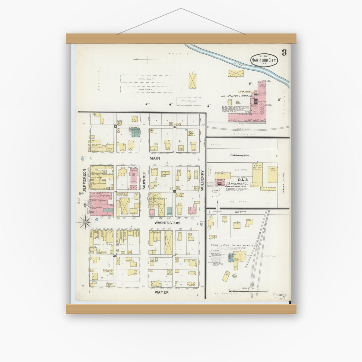 Old map wall art mockup — magnetic wood frame on white wall — Sanborn Fire Insurance Map from Hartford City, Blackford County, Indiana (1892), Sheet #0003