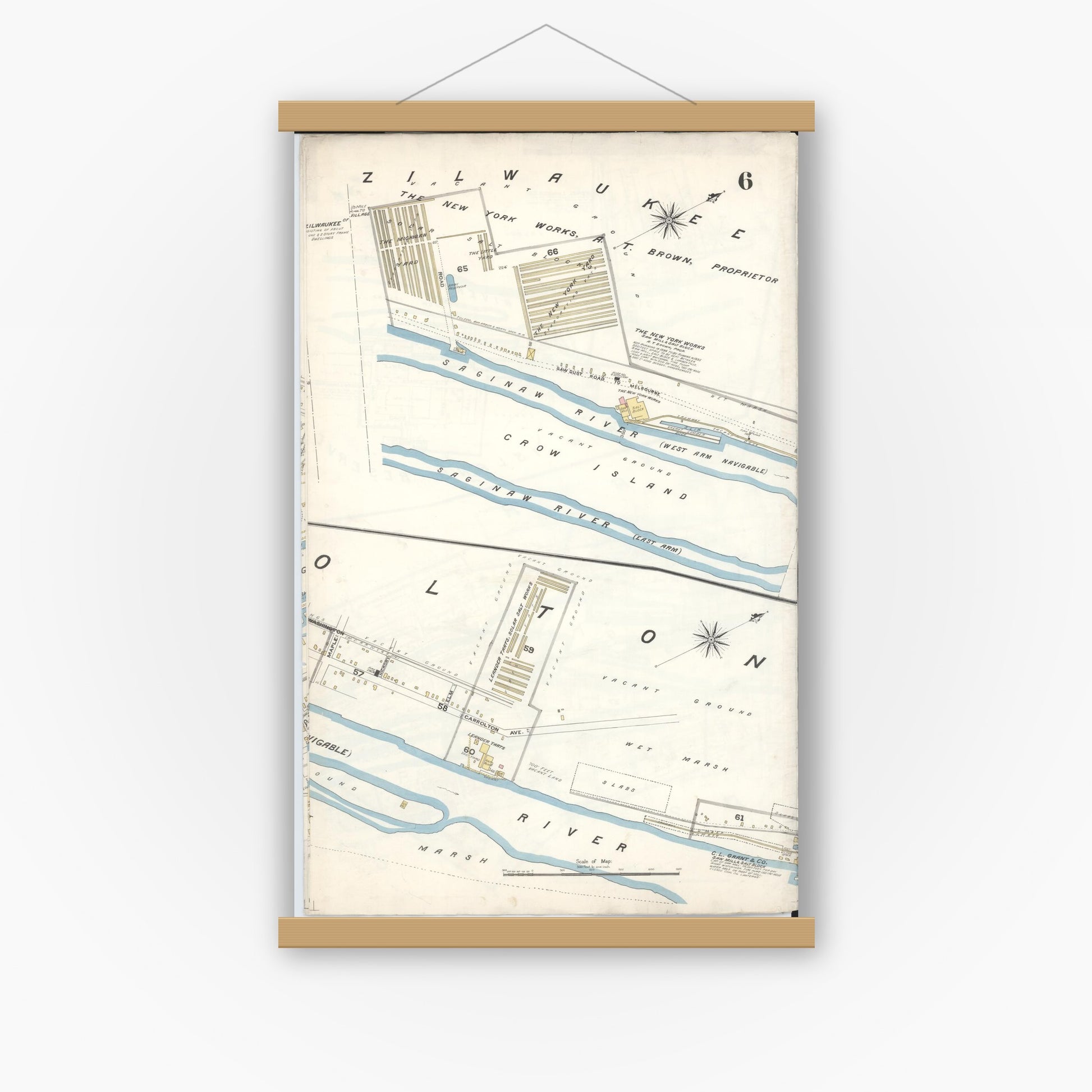 Old map wall art mockup — magnetic wood frame on white wall — Sanborn Fire Insurance Map from Saginaw, Saginaw County, Michigan (1895), Sheet #0006