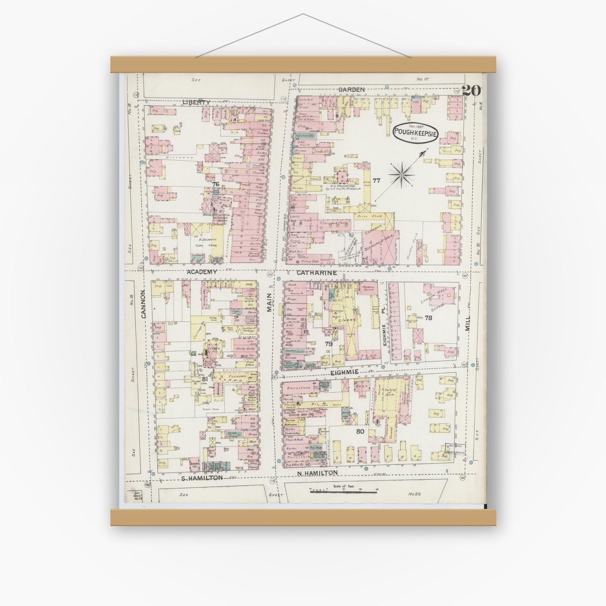 Old map wall art mockup — magnetic wood frame on white wall — Sanborn Fire Insurance Map from Poughkeepsie, Dutchess County, New York (1887), Sheet #0020
