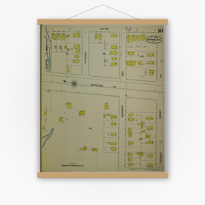 Old map wall art mockup — magnetic wood frame on white wall — Sanborn Fire Insurance Map from Berkeley, Alameda County, California (1894), Sheet #0010