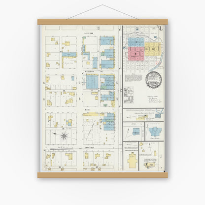 Old map wall art mockup — magnetic wood frame on white wall — Sanborn Fire Insurance Map from Lampasas, Lampasas County, Texas (1896), Sheet #0001