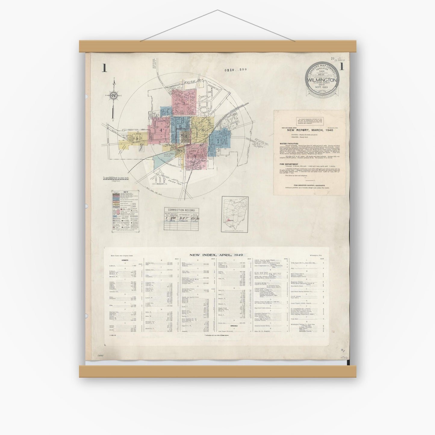 Old map wall art mockup — magnetic wood frame on white wall — Sanborn Fire Insurance Map from Wilmington, Clinton County, Ohio (1949) - Complete Map Set