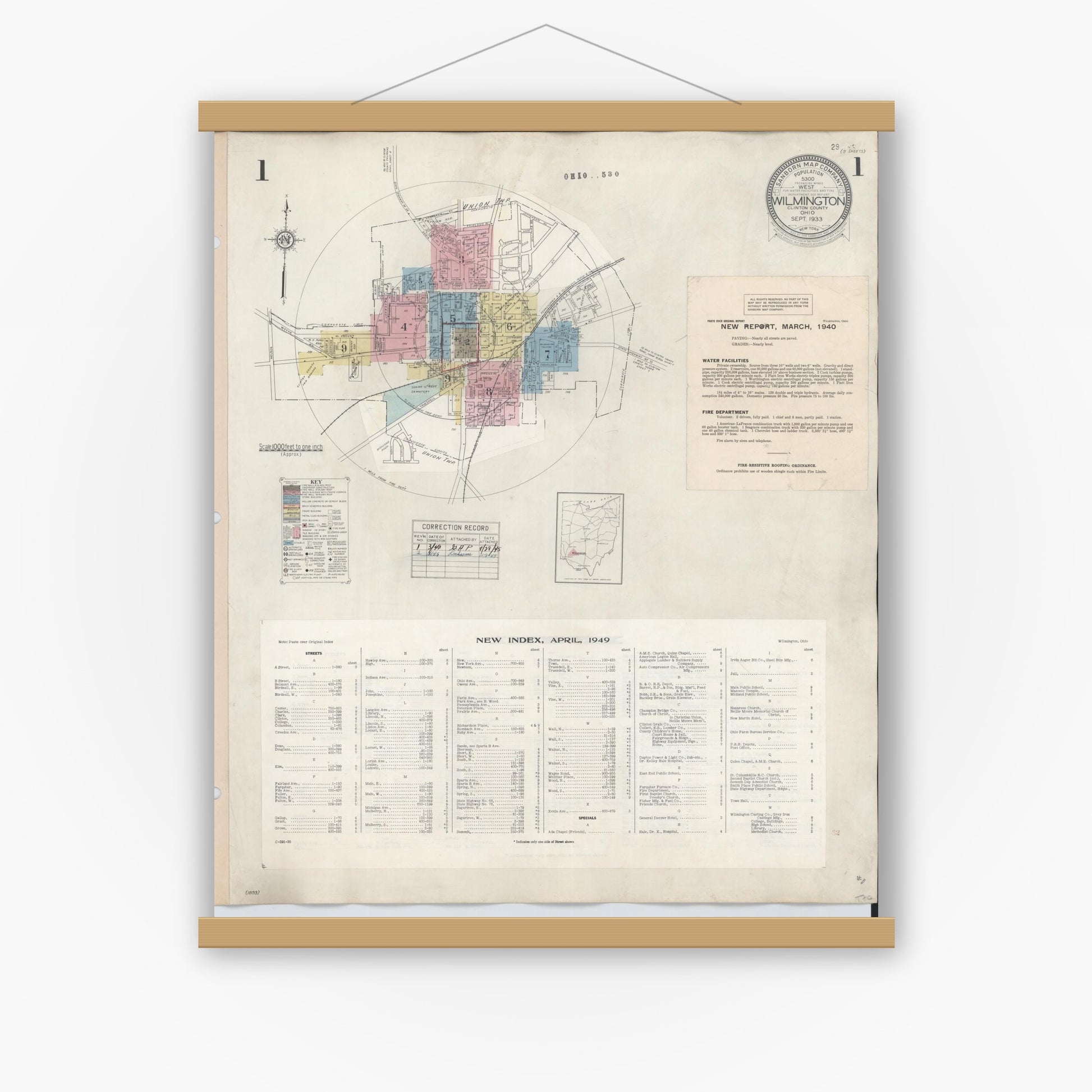 Old map wall art mockup — magnetic wood frame on white wall — Sanborn Fire Insurance Map from Wilmington, Clinton County, Ohio (1949) - Complete Map Set