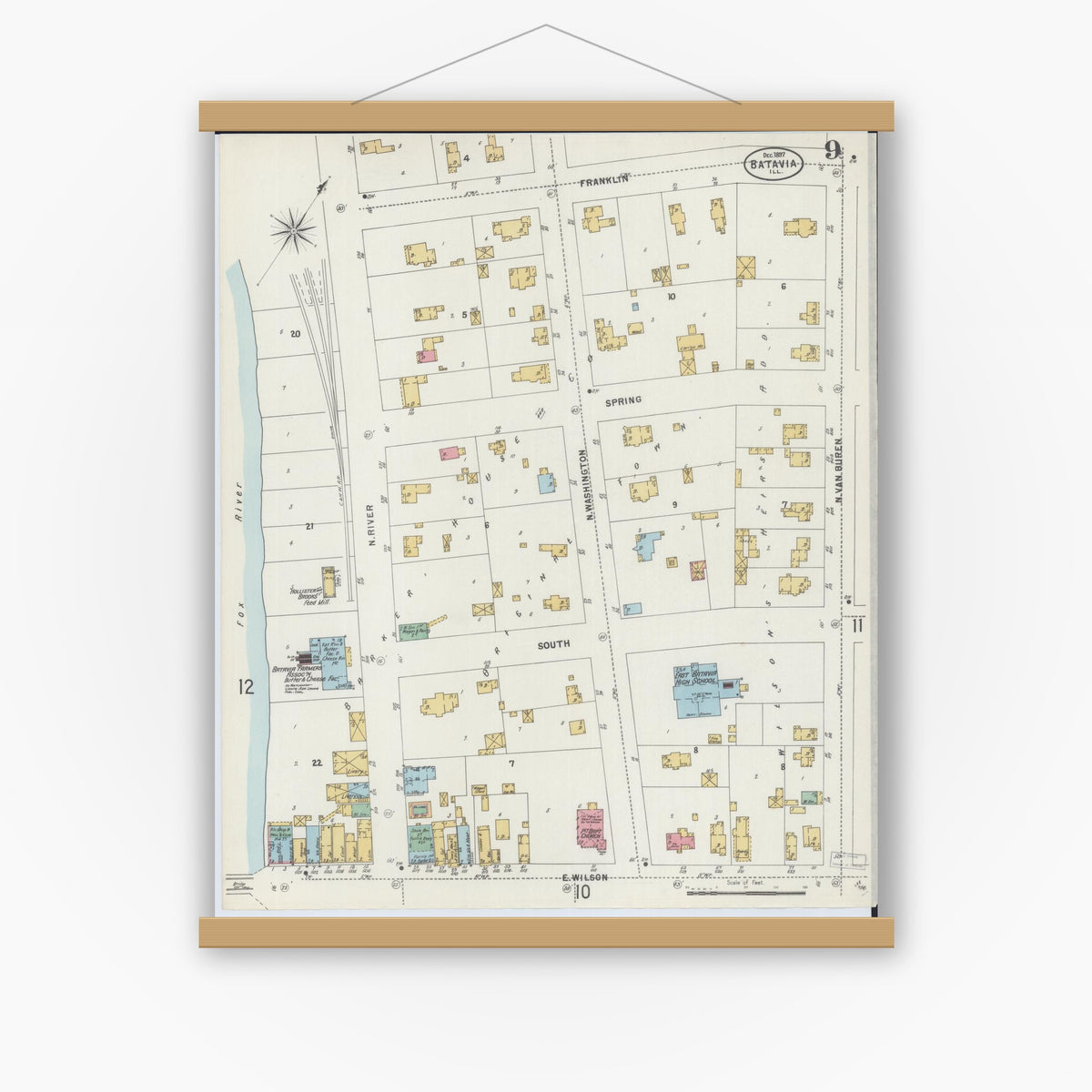 Old map wall art mockup — magnetic wood frame on white wall — Sanborn Fire Insurance Map from Batavia, Kane County, Illinois (1897), Sheet #0009