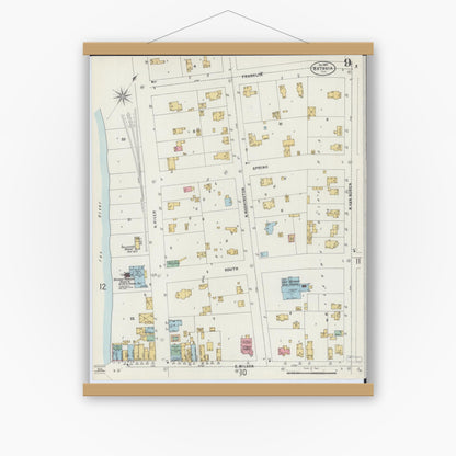 Old map wall art mockup — magnetic wood frame on white wall — Sanborn Fire Insurance Map from Batavia, Kane County, Illinois (1897), Sheet #0009