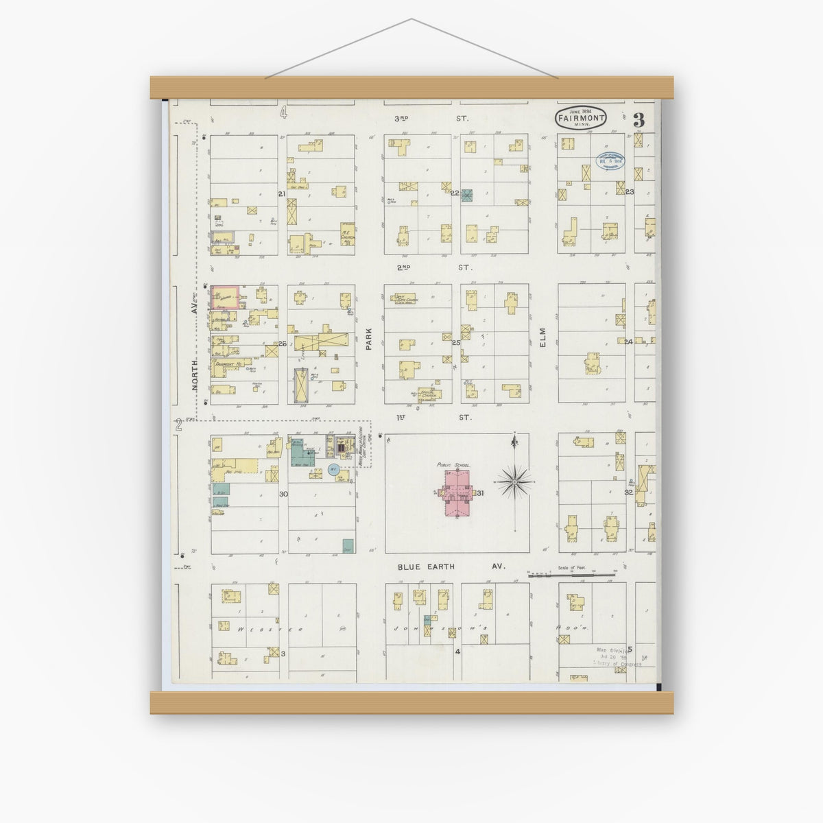 Old map wall art mockup — magnetic wood frame on white wall — Sanborn Fire Insurance Map from Fairmont, Martin County, Minnesota (1894), Sheet #0003