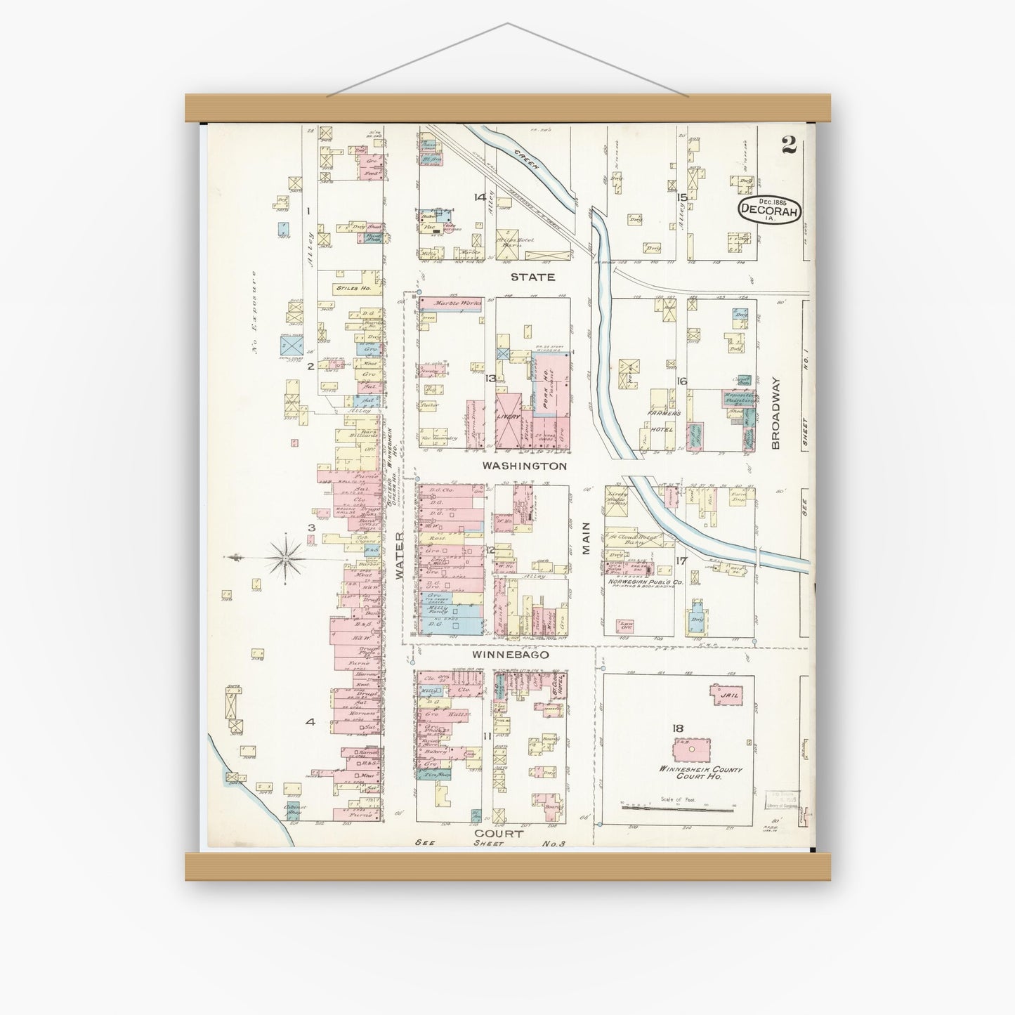 Old map wall art mockup — magnetic wood frame on white wall — Sanborn Fire Insurance Map from Decorah, Winneshiek County, Iowa (1885), Sheet #0002