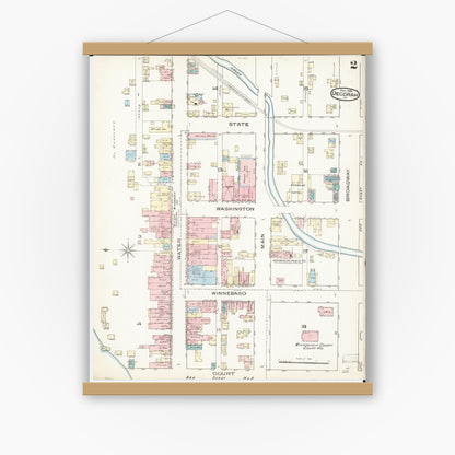 Old map wall art mockup — magnetic wood frame on white wall — Sanborn Fire Insurance Map from Decorah, Winneshiek County, Iowa (1885), Sheet #0002