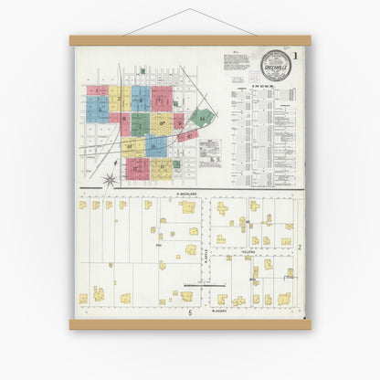 Old map wall art mockup — magnetic wood frame on white wall — Sanborn Fire Insurance Map from Greenville, Hunt County, Texas (1903) - Complete Map Set