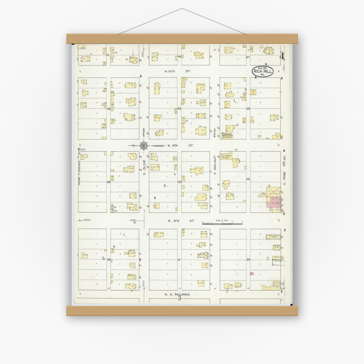 Old map wall art mockup — magnetic wood frame on white wall — Sanborn Fire Insurance Map from Rich Hill, Bates County, Missouri (1914), Sheet #0004