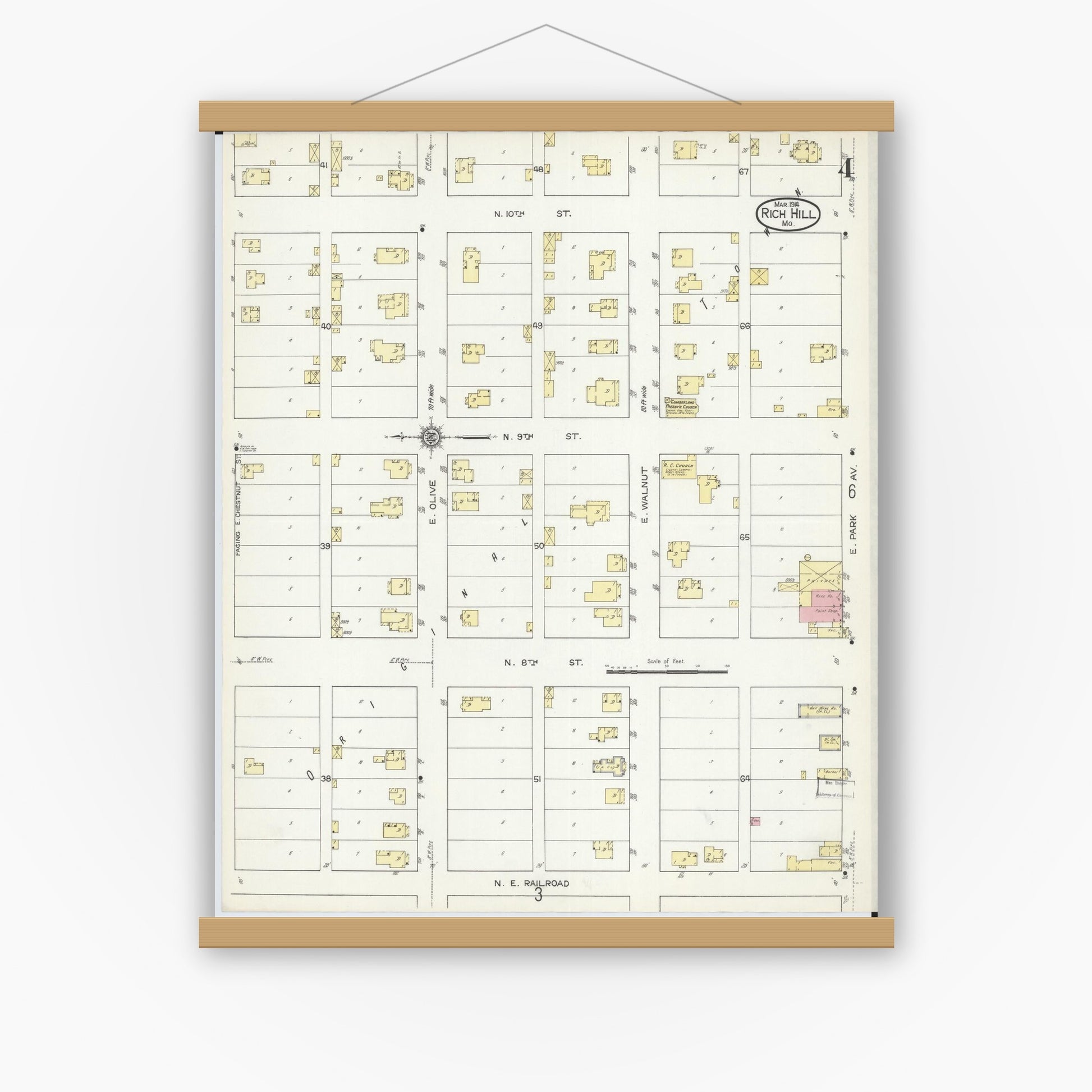 Old map wall art mockup — magnetic wood frame on white wall — Sanborn Fire Insurance Map from Rich Hill, Bates County, Missouri (1914), Sheet #0004