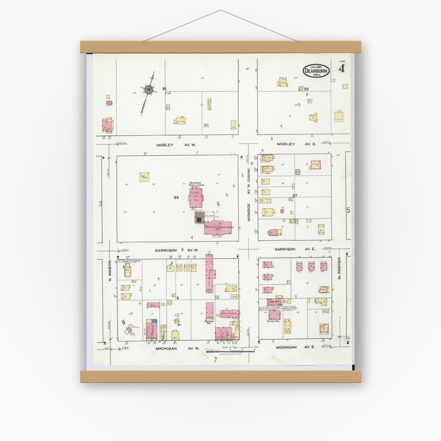 Old map wall art mockup — magnetic wood frame on white wall — Sanborn Fire Insurance Map from Dearborn, Wayne County, Michigan (1921), Sheet #0004