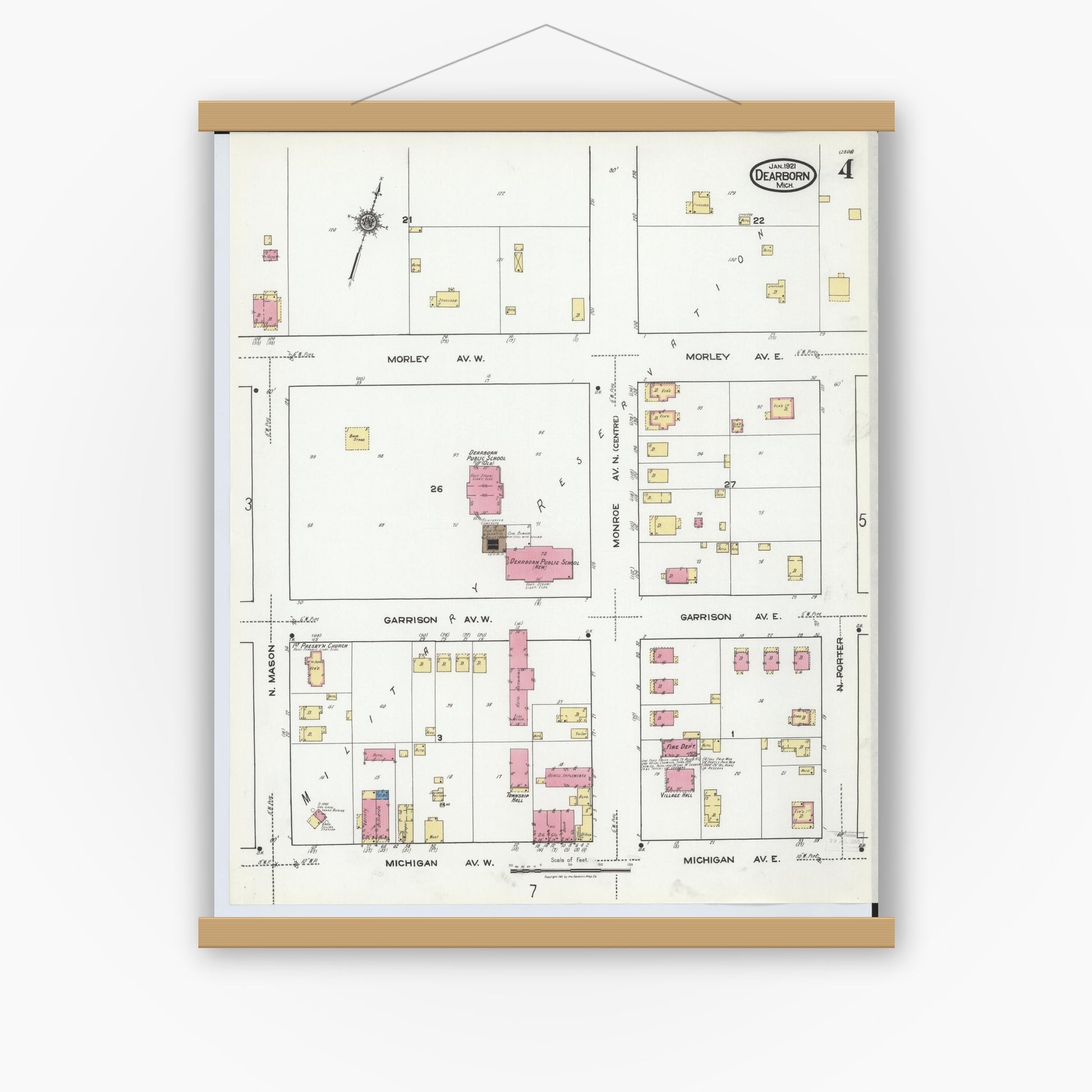 Old map wall art mockup — magnetic wood frame on white wall — Sanborn Fire Insurance Map from Dearborn, Wayne County, Michigan (1921), Sheet #0004