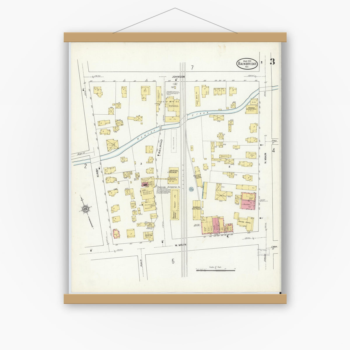 Old map wall art mockup — magnetic wood frame on white wall — Sanborn Fire Insurance Map from Bainbridge, Chenango County, New York (1912), Sheet #0003