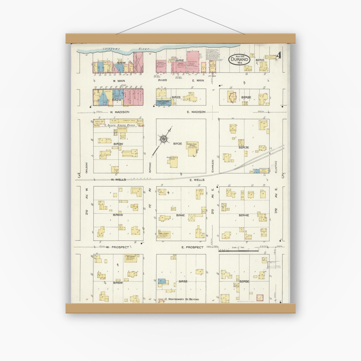 Old map wall art mockup — magnetic wood frame on white wall — Sanborn Fire Insurance Map from Durand, Pepin County, Wisconsin (1916), Sheet #0004