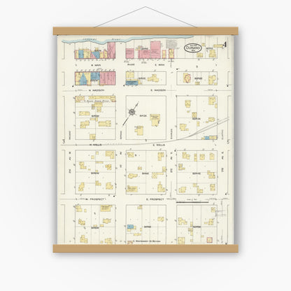 Old map wall art mockup — magnetic wood frame on white wall — Sanborn Fire Insurance Map from Durand, Pepin County, Wisconsin (1916), Sheet #0004