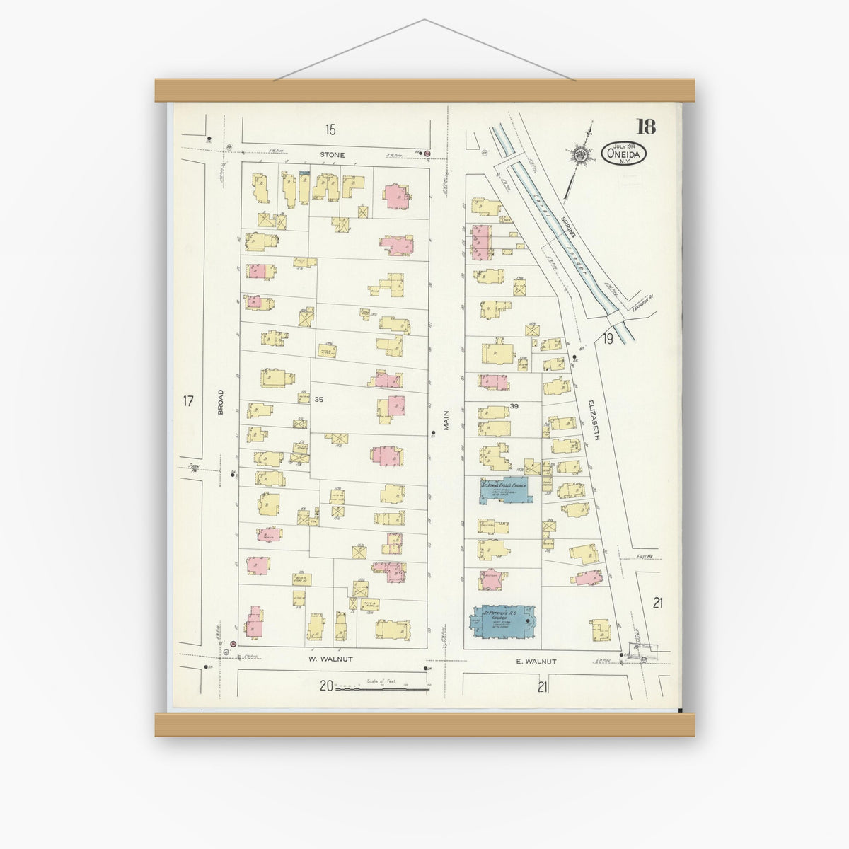 Old map wall art mockup — magnetic wood frame on white wall — Sanborn Fire Insurance Map from Oneida, Madison County, New York (1914), Sheet #0018