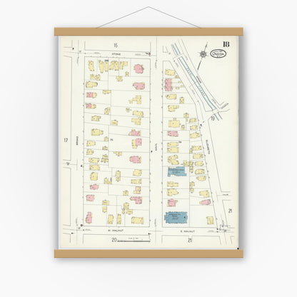 Old map wall art mockup — magnetic wood frame on white wall — Sanborn Fire Insurance Map from Oneida, Madison County, New York (1914), Sheet #0018