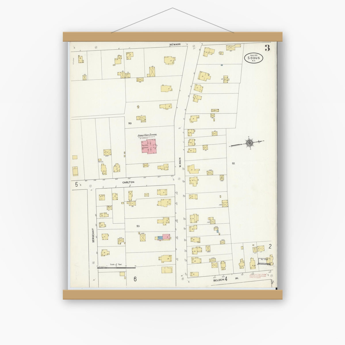 Old map wall art mockup — magnetic wood frame on white wall — Sanborn Fire Insurance Map from Sodus, Wayne County, New York (1911), Sheet #0003