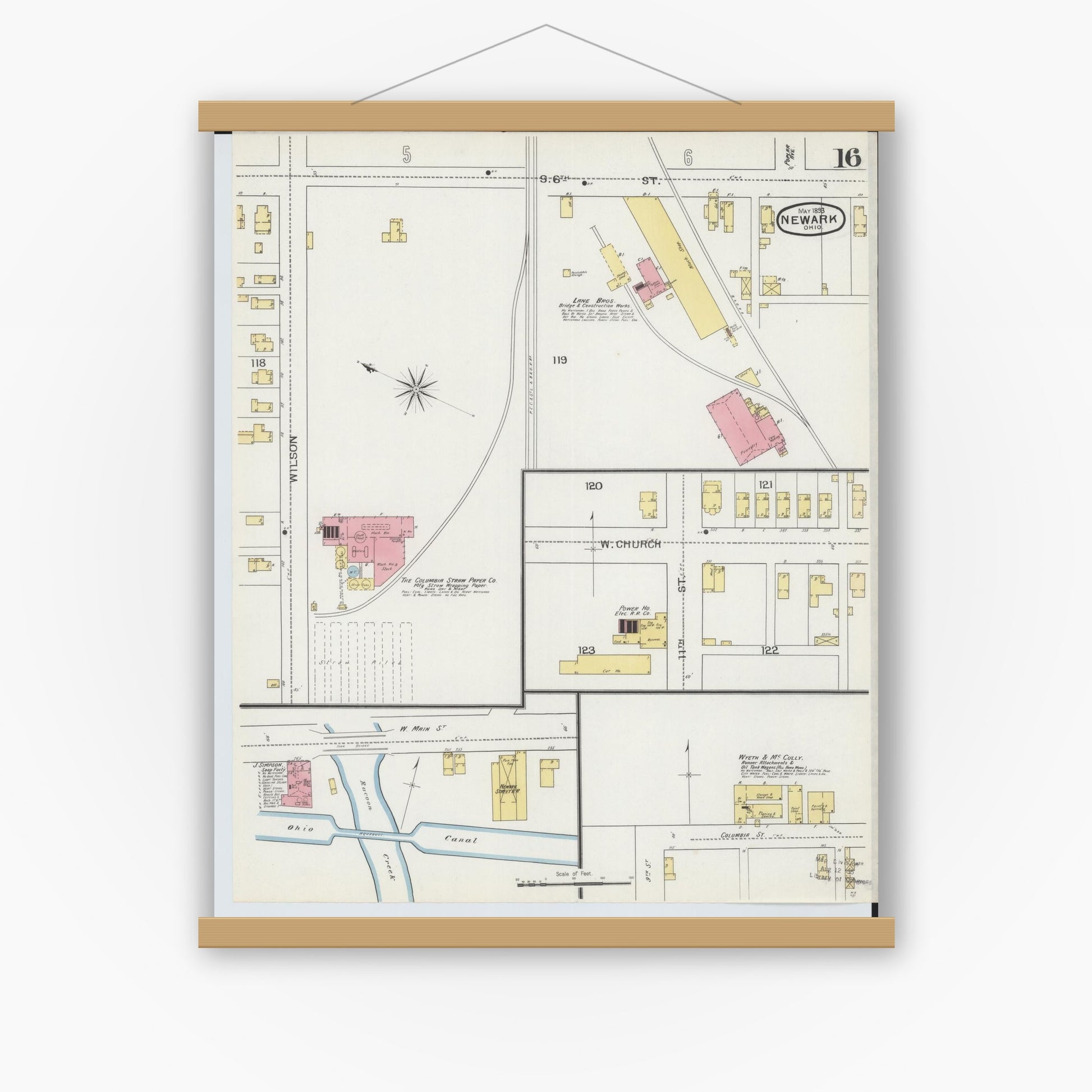 Old map wall art mockup — magnetic wood frame on white wall — Sanborn Fire Insurance Map from Newark, Licking County, Ohio (1893), Sheet #0016
