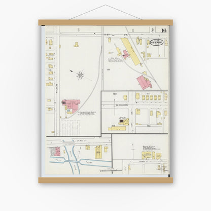 Old map wall art mockup — magnetic wood frame on white wall — Sanborn Fire Insurance Map from Newark, Licking County, Ohio (1893), Sheet #0016