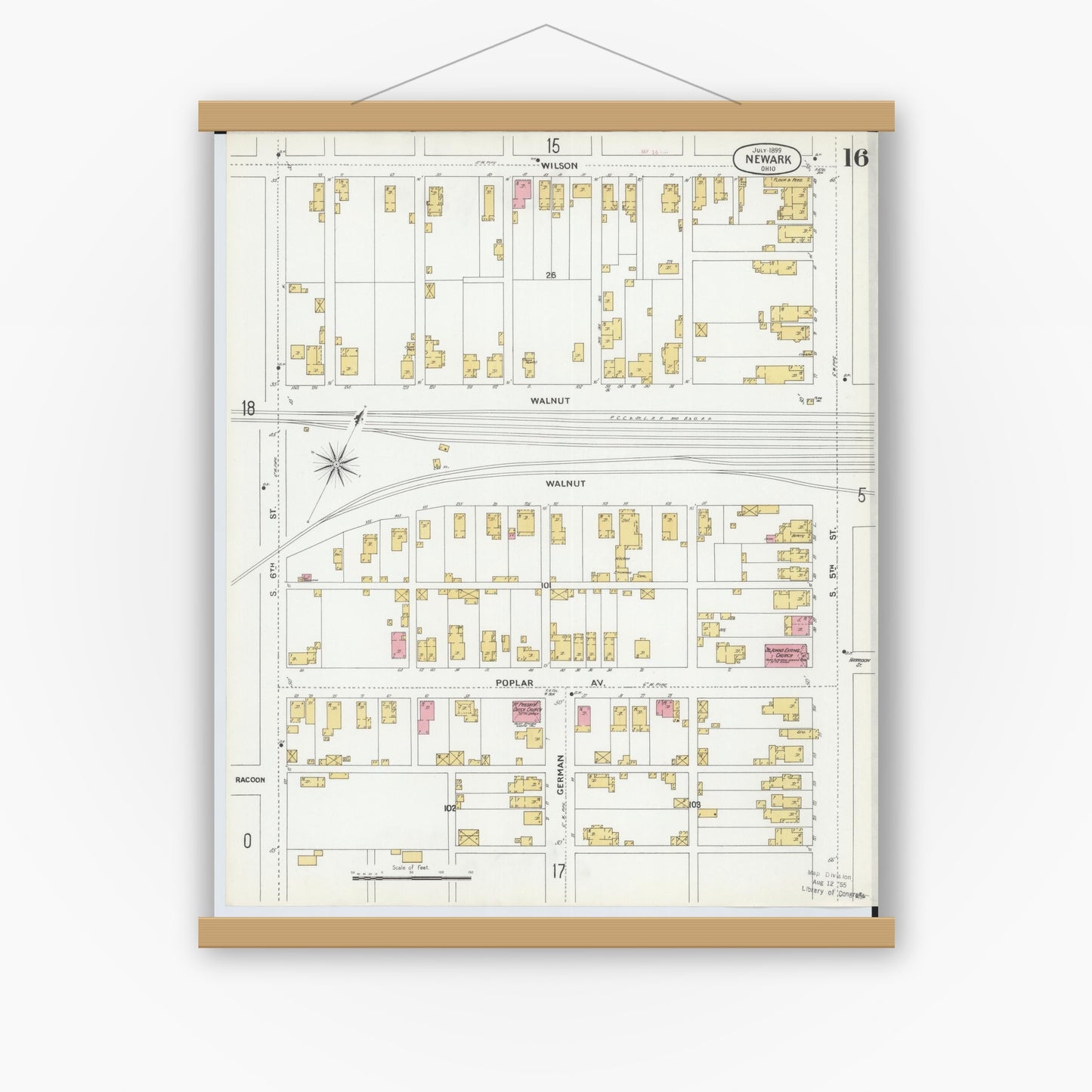 Old map wall art mockup — magnetic wood frame on white wall — Sanborn Fire Insurance Map from Newark, Licking County, Ohio (1899), Sheet #0016
