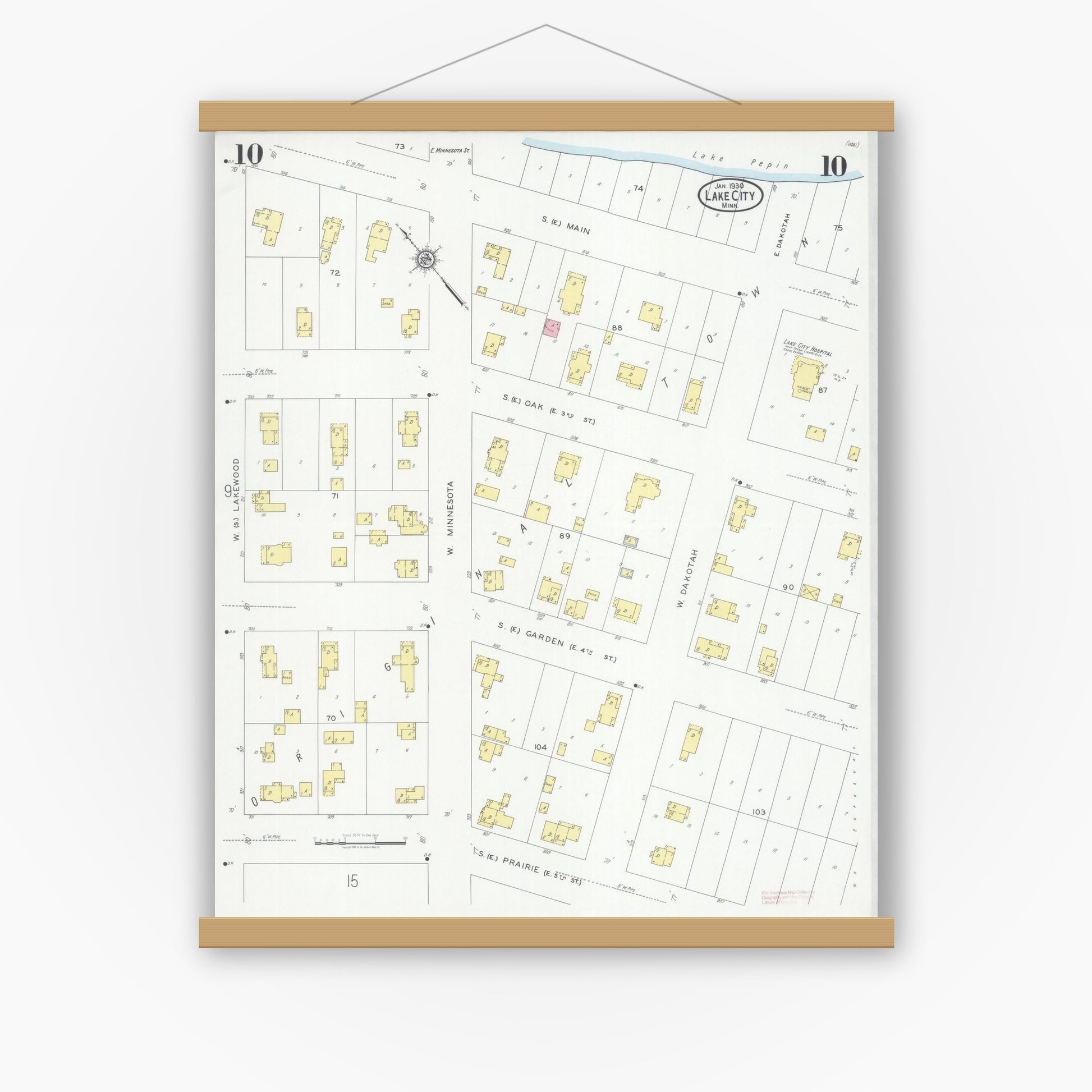 Old map wall art mockup — magnetic wood frame on white wall — Sanborn Fire Insurance Map from Lake City, Wabasha County, Minnesota (1930), Sheet #0010