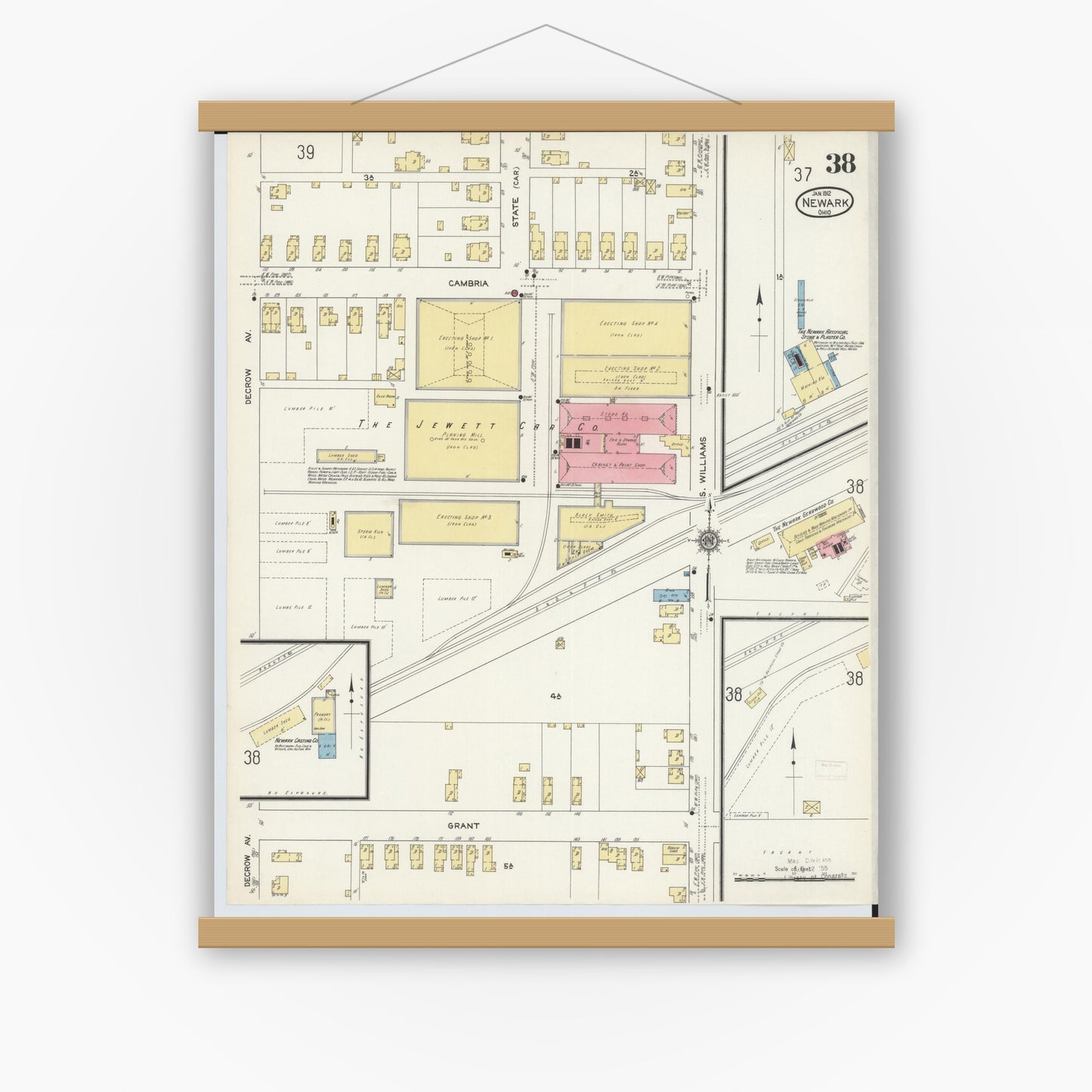 Old map wall art mockup — magnetic wood frame on white wall — Sanborn Fire Insurance Map from Newark, Licking County, Ohio (1912), Sheet #0038