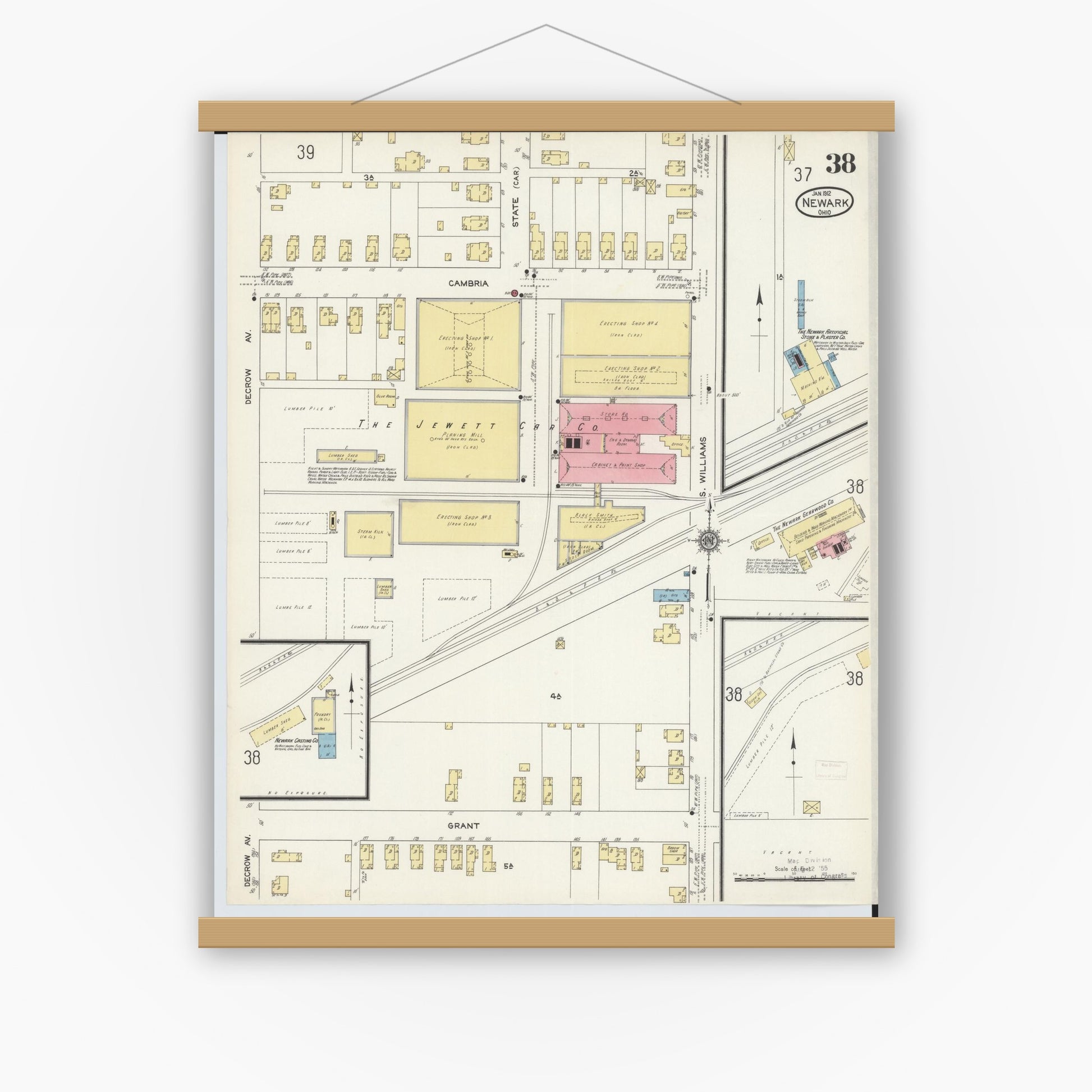 Old map wall art mockup — magnetic wood frame on white wall — Sanborn Fire Insurance Map from Newark, Licking County, Ohio (1912), Sheet #0038