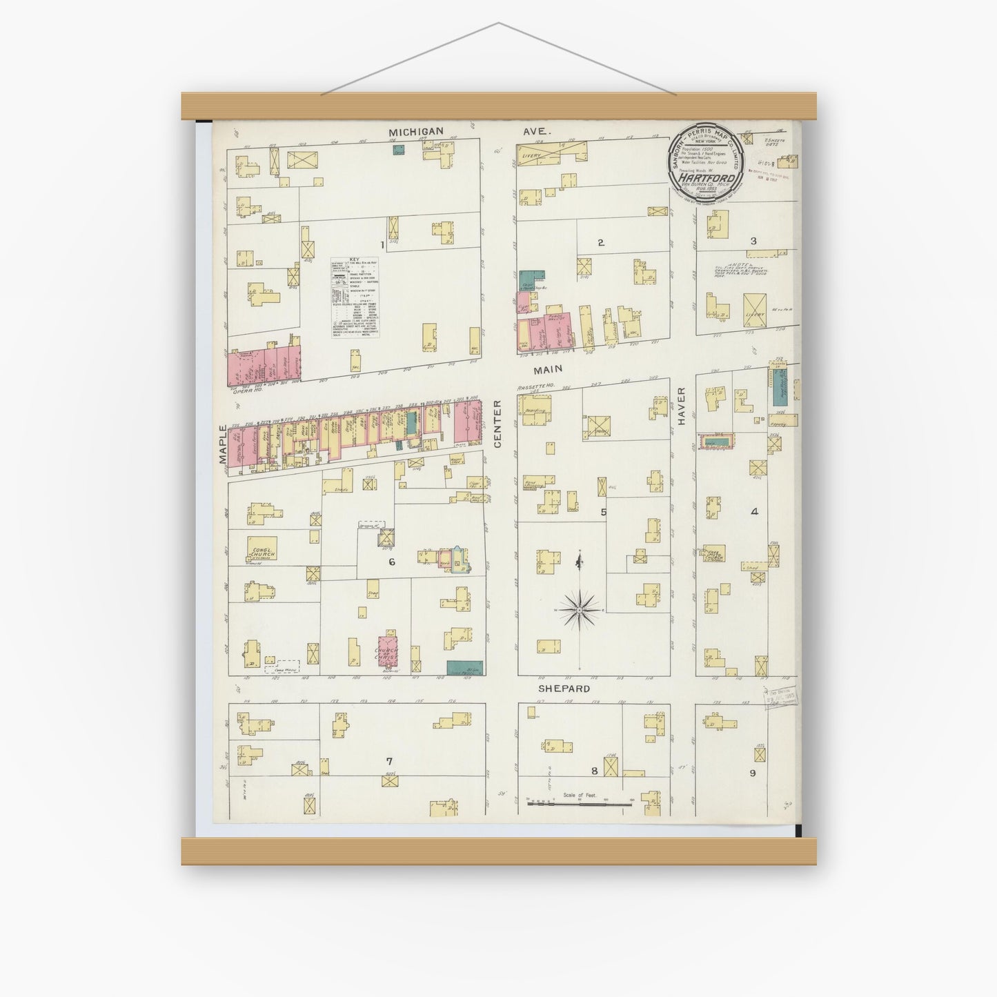 Old map wall art mockup — magnetic wood frame on white wall — Sanborn Fire Insurance Map from Hartford, Van Buren County, Michigan (1893) - Complete Map Set