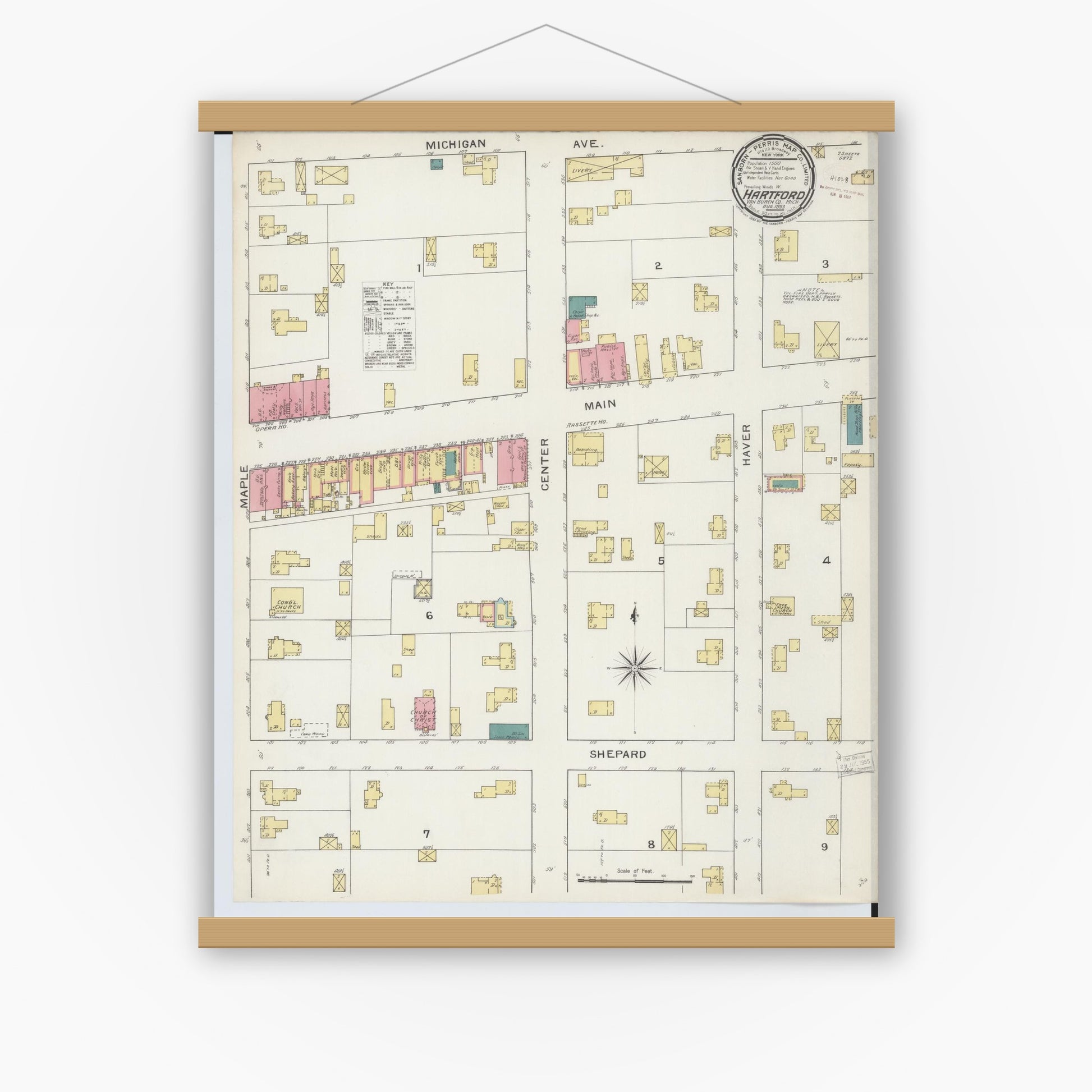 Old map wall art mockup — magnetic wood frame on white wall — Sanborn Fire Insurance Map from Hartford, Van Buren County, Michigan (1893) - Complete Map Set