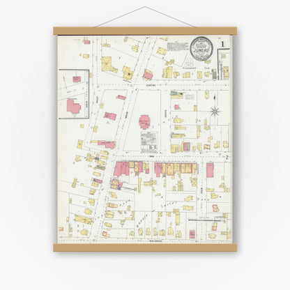 Old map wall art mockup — magnetic wood frame on white wall — Sanborn Fire Insurance Map from Juneau, Dodge County, Wisconsin (1904), Sheet #0001