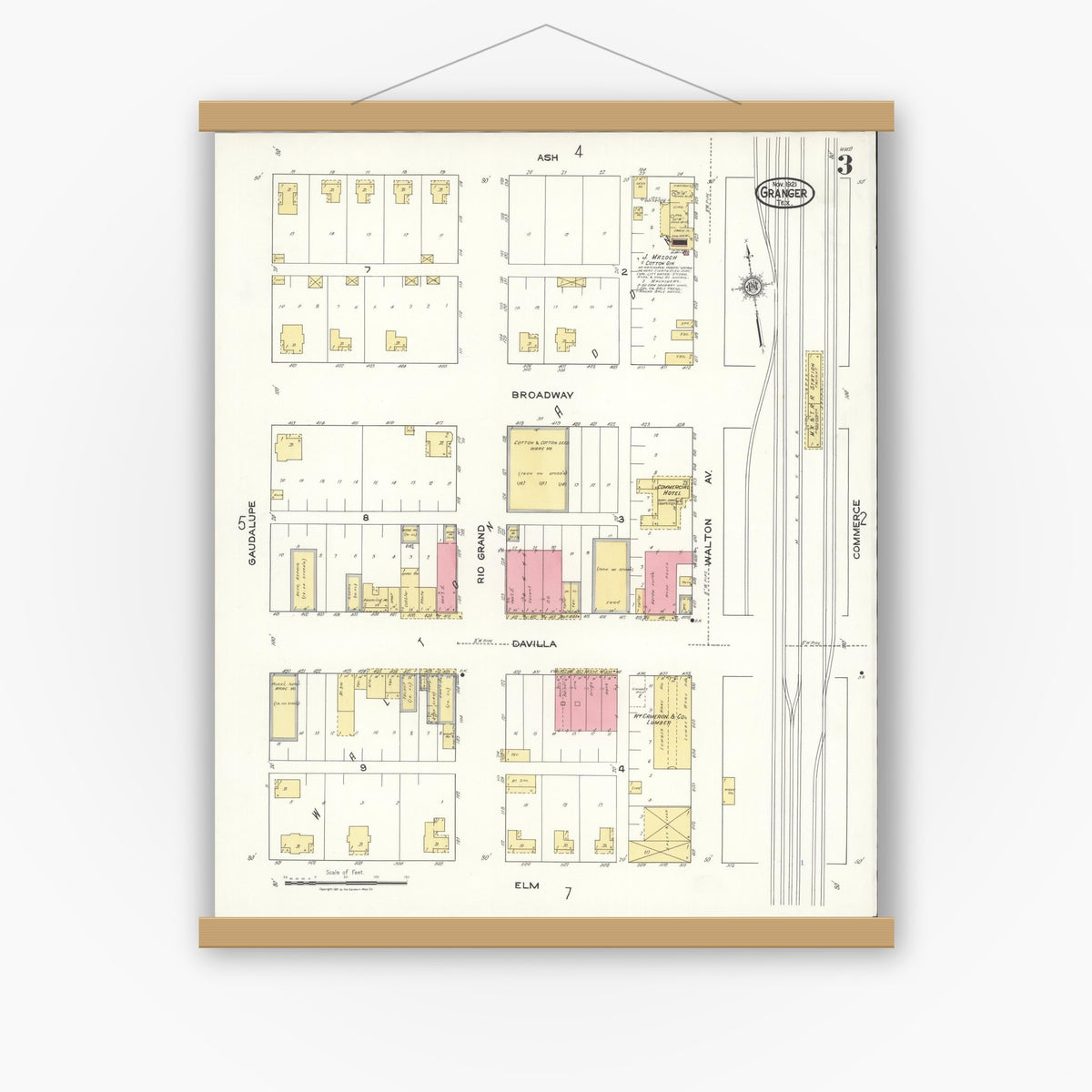 Old map wall art mockup — magnetic wood frame on white wall — Sanborn Fire Insurance Map from Granger, Williamson County, Texas (1921), Sheet #0003