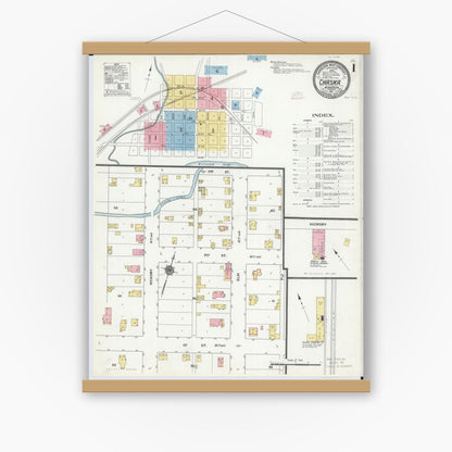 Old map wall art mockup — magnetic wood frame on white wall — Sanborn Fire Insurance Map from Chaska, Carver County, Minnesota (1911), Sheet #0001