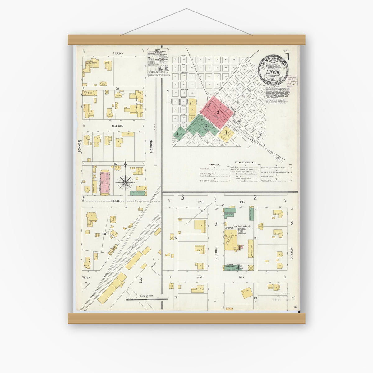 Old map wall art mockup — magnetic wood frame on white wall — Sanborn Fire Insurance Map from Lufkin, Angelina County, Texas (1904) - Complete Map Set